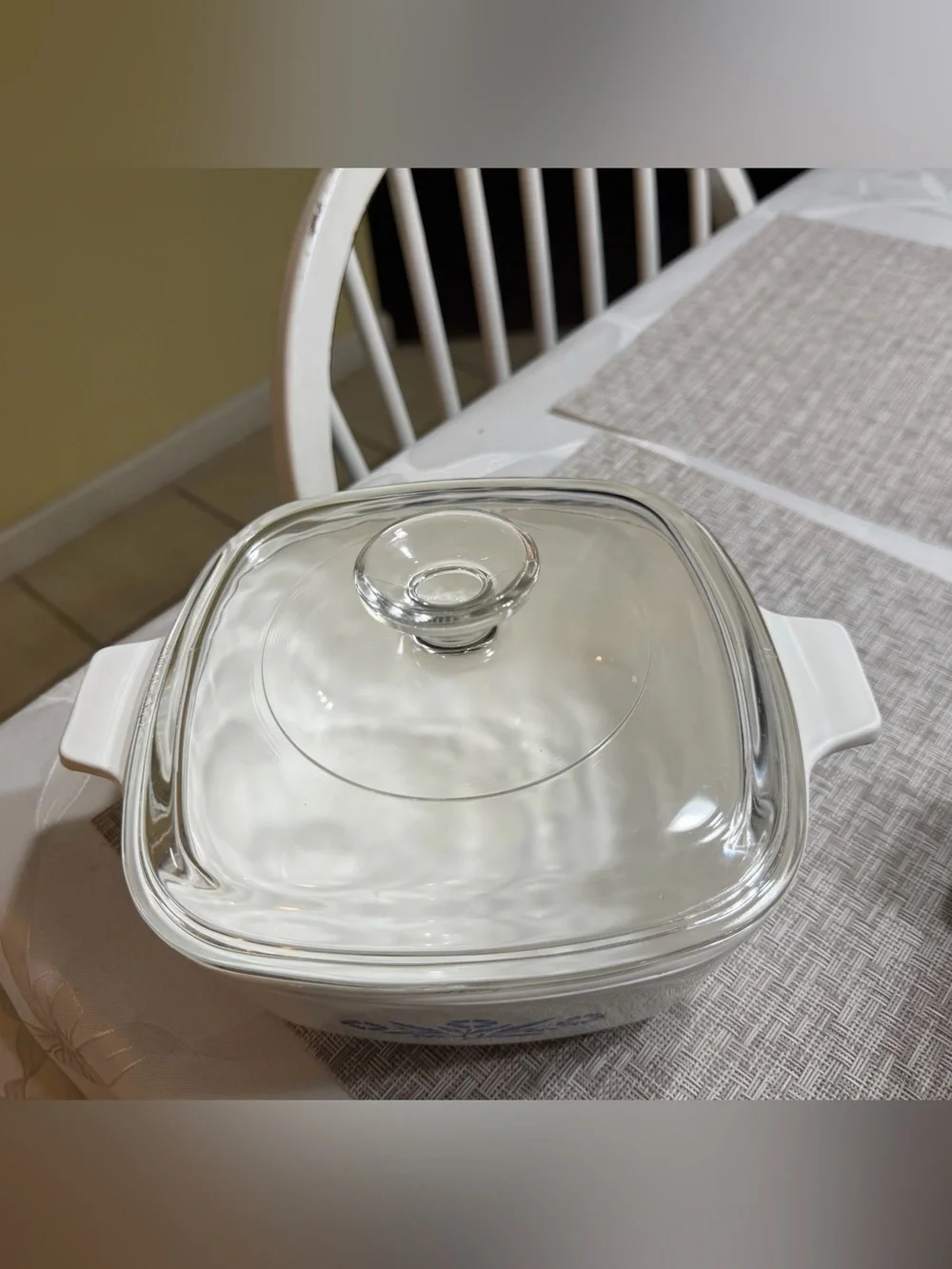 Vintage three-piece set of Corning Ware Blue Cornflower casserole dishes.